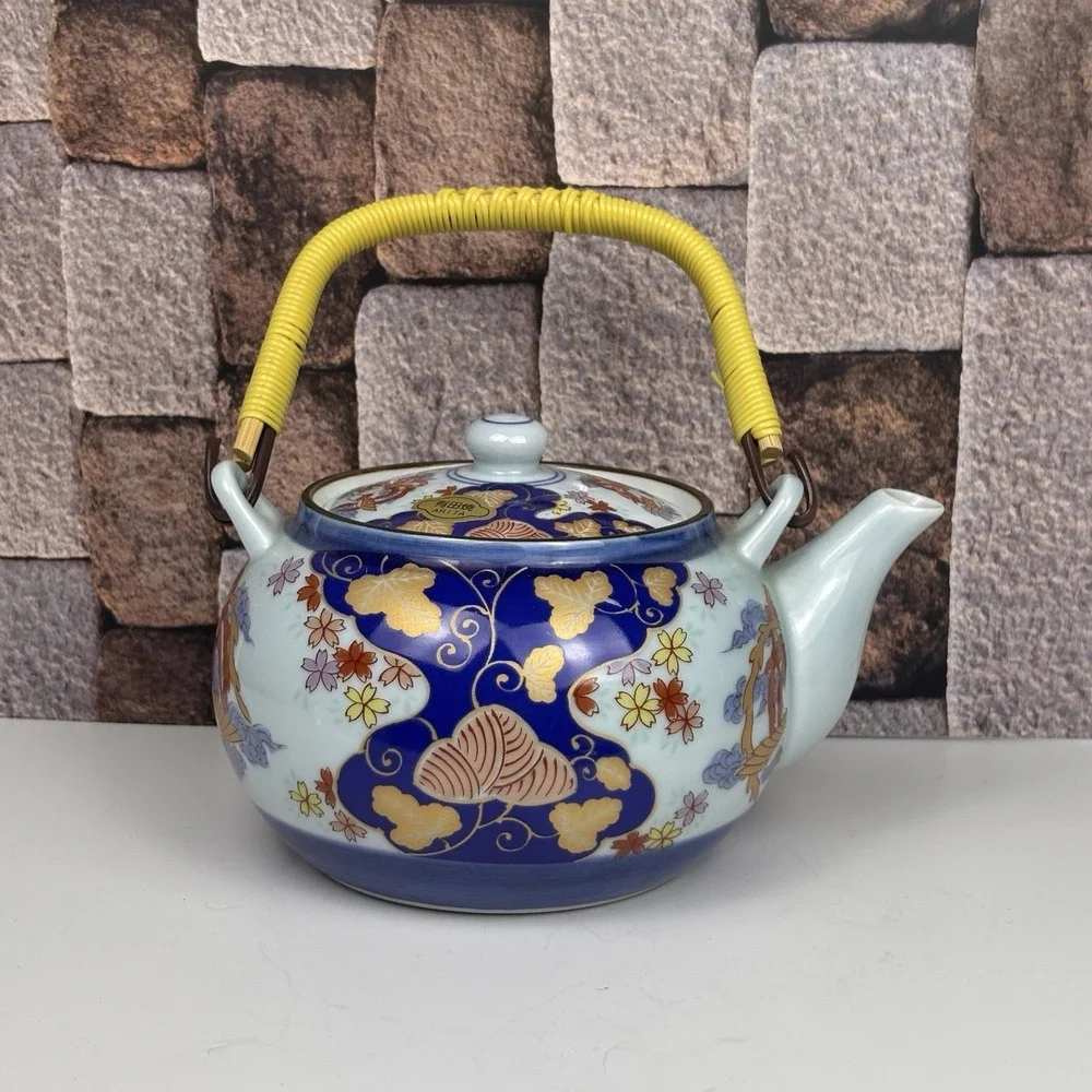 Arita Ware‎ Porcelain Teapot & Cup Flower Flow Blue & Gold Japan Very Good Cond